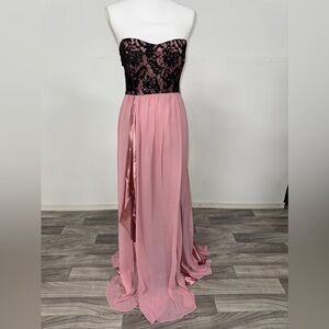 Pink and Black Lace Chiffon Evening Gown